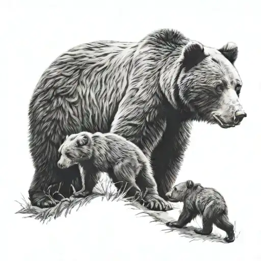 Fierce Mama Bear And Three Cubs Playing