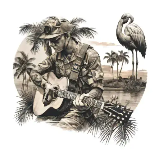 A Realistic Portrait Of A Soldier Playing A Guitar With A Palm Tree And Flamingo In The Background