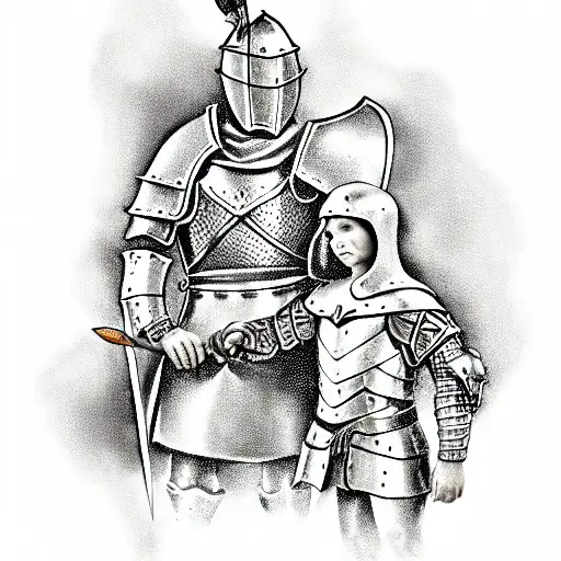 Medieval Warrior Knight On His Knee Giving An Apple To A Child