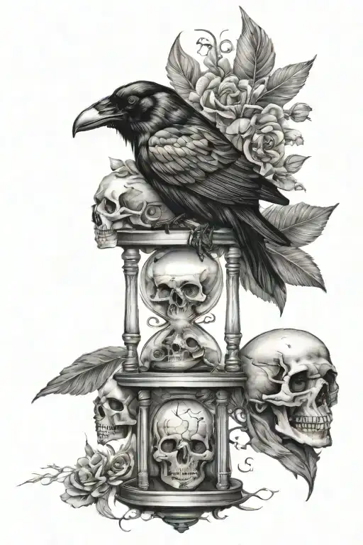 Raven And Hourglass And Skull