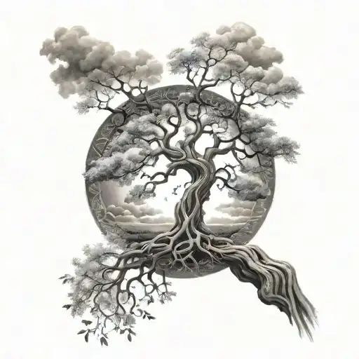 Full Sleeve Tree Of Life With Clouds At The Top And Long Roots