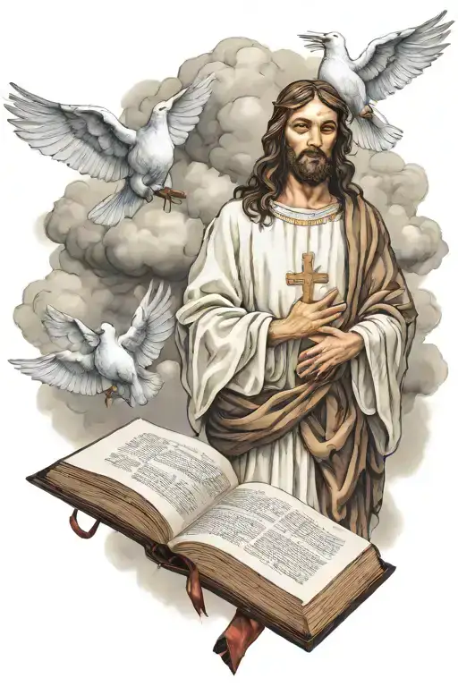Jesus Clouds Doves Bible Quote Prayer Hands Holding Cross
