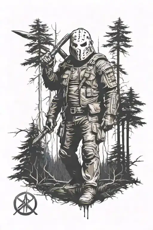 Jason Voorhees Standing In Background Of Dark Forest