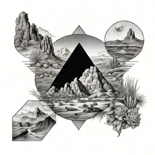 Mix Of Desert And Mountains In A Traingle Black Ink Only