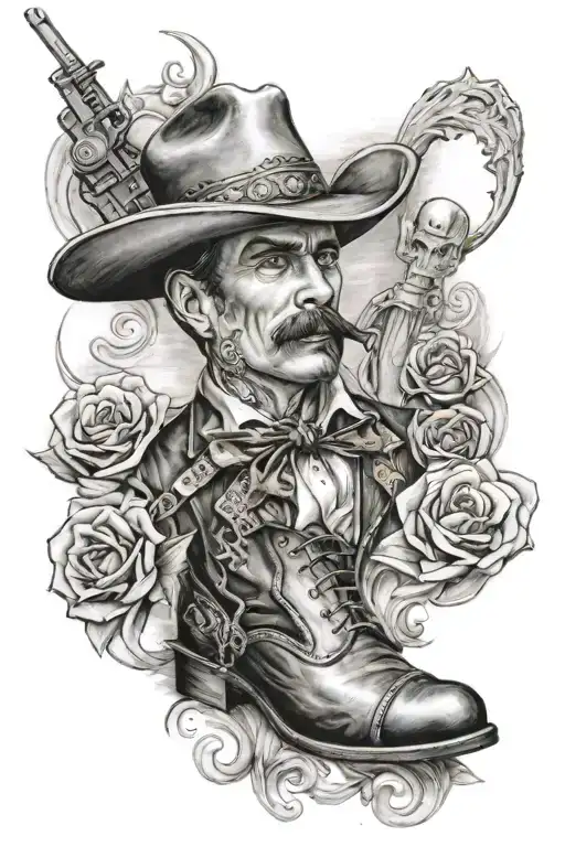 Doc Holiday Tattoo Worked Into A Cowboy Themed Leg Sleeve