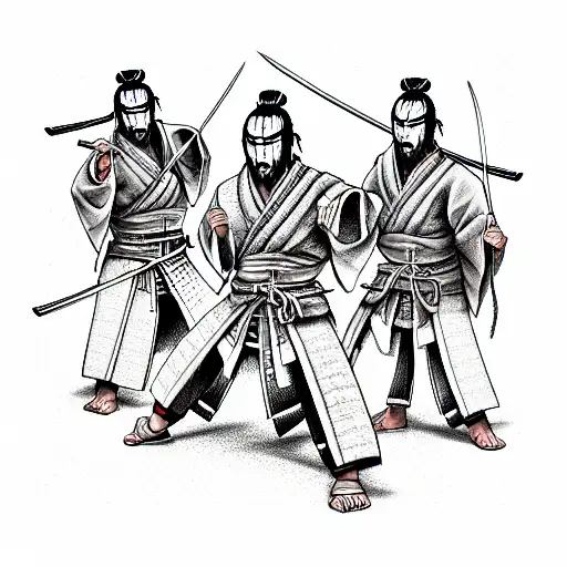 Three Samurai Fighting With Swords