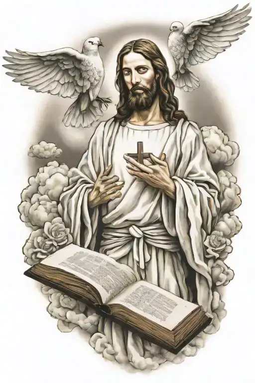 Jesus Clouds Doves Bible Quote Prayer Hands Holding Cross