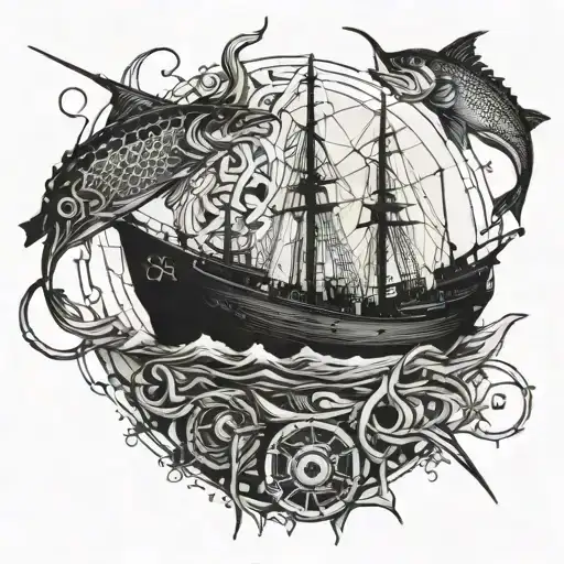 An Intricate Geometric Pattern Incorporating Fishing Hooks And Boat Silhouettes