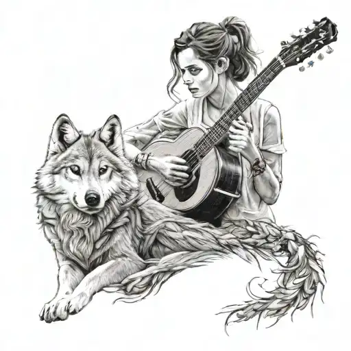 Emma Watson Playing A Guitar With A Wolf By Her Side