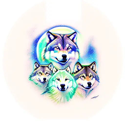 Three Wolves Together With A Background Of Mountain And Northern Lights