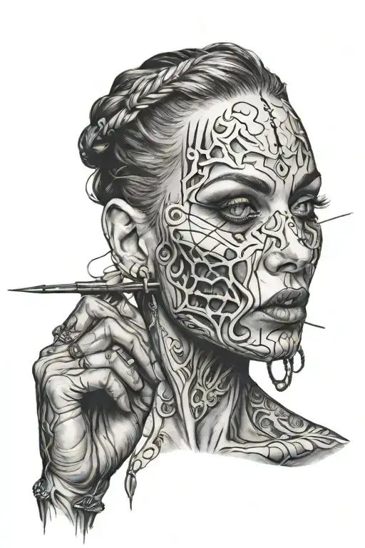 Creepy Face Woman Holding A Piercing Needle