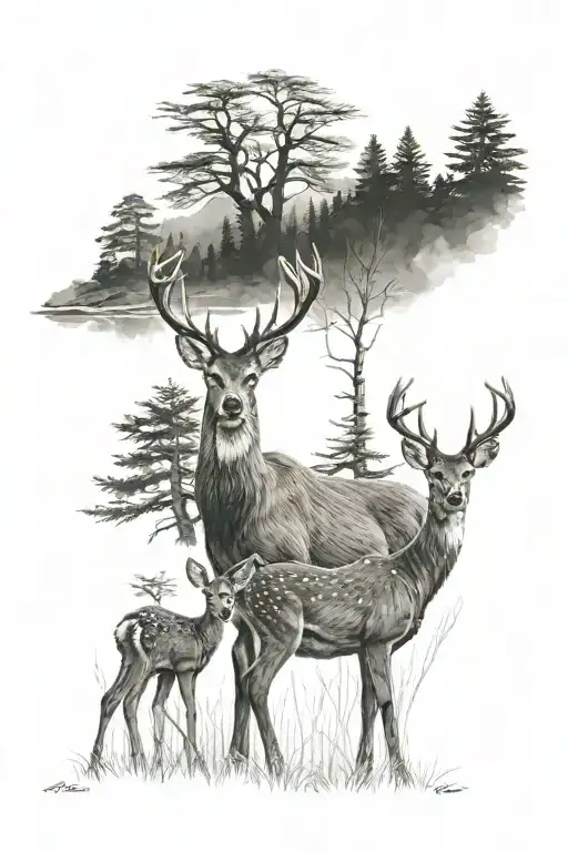 Deer Family In Front Of A Forest