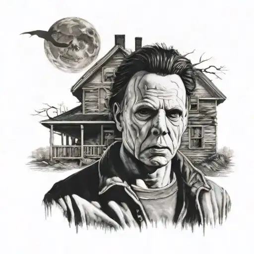 A Portrait Of Michael Myers With A Haunted House In The Background