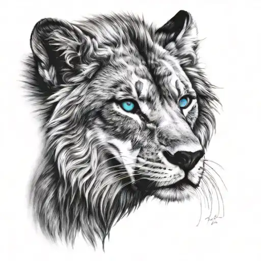 Half Lion Face Half Wolf Face With The Same Blue Eyes