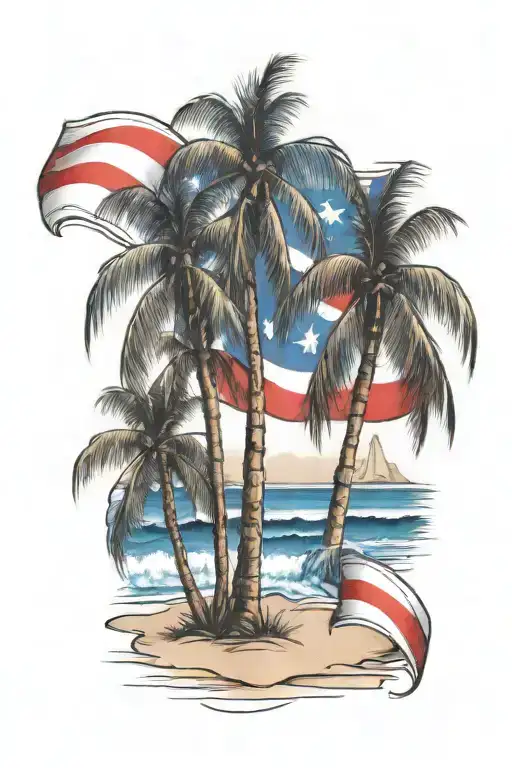Beach Shore With Palm Trees And Puerto Rican Flag Intertwined