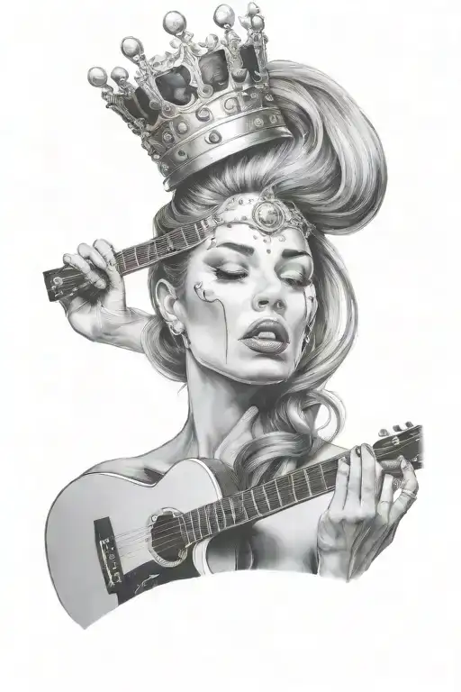 Torso Of Woman With Crown On Her Head Playing Guitar And Crying