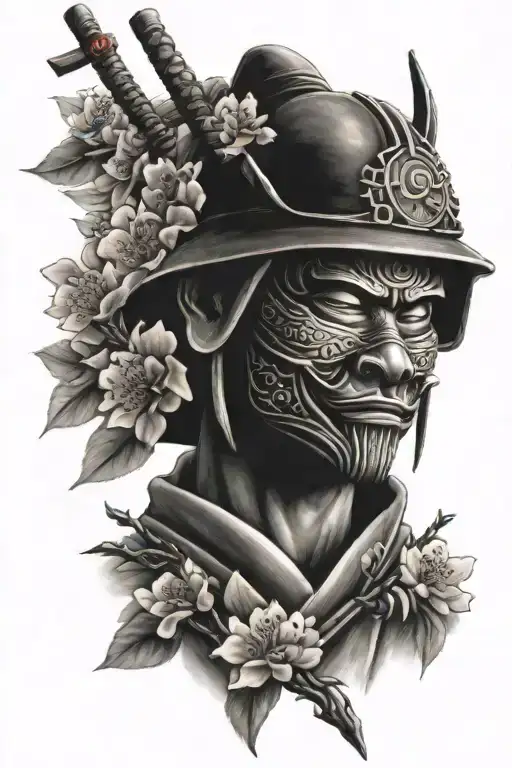 Masked Samurai With Temple And Blue Sky And Cherry Blossom