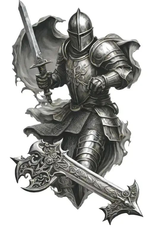 Heavy Knight Hold A Sword In The Middle At Th Shape