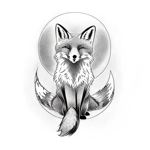 Full Body Fox Sitting With Tail Wrapped Around Its Right Side Crescent Moon Symbol On Forehead