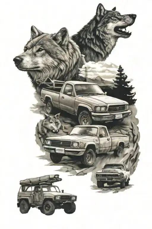 Old Toyota Pickup Truck And Mazda Rx7 And Wolf Head