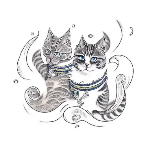 Six Cats With Japanese Waves In Background