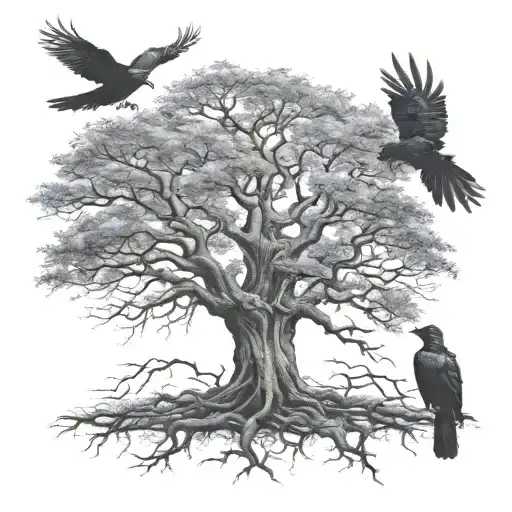 Tree Of Life Outside 3 Ravens Flying Away Seen