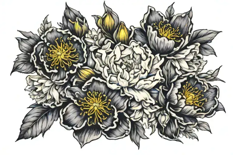 Fine Line Peony And Violets Daffodils Asters Rose Narcissus