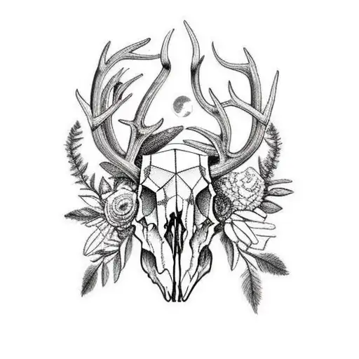 Deer Skull With Antlers And Flowers And Moon