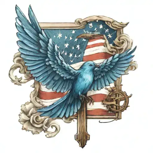 Us Flag Religious Cross And A Blue Bird Flying In The Sky