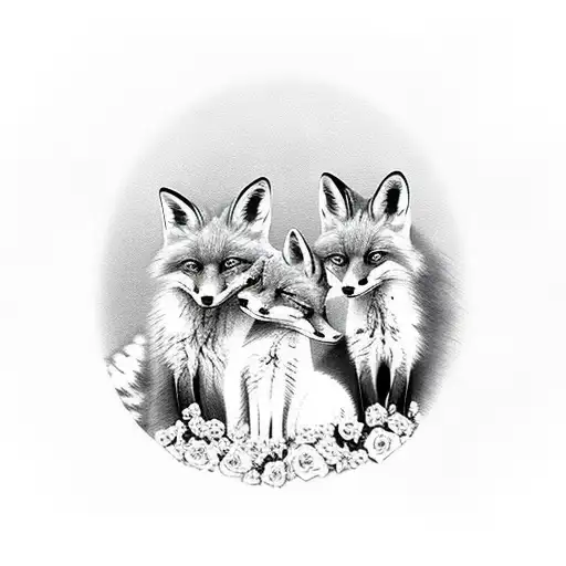 Fox Family In Flowers