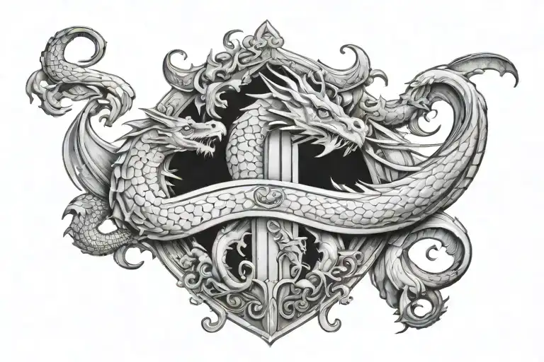 Dragon With Pisces And Gemini On Shield Cross Royalty