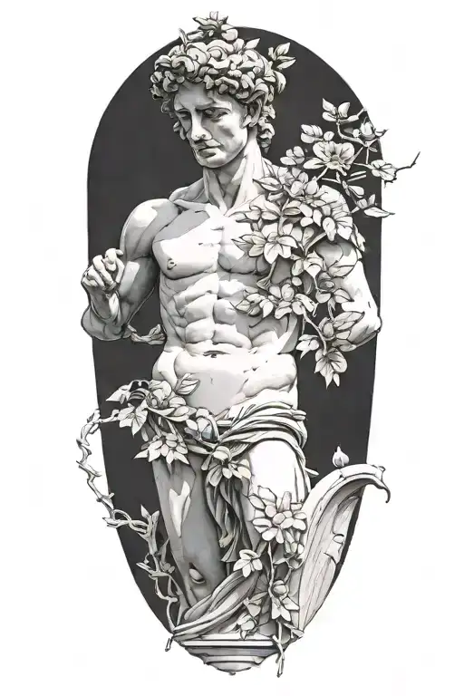 The David Statue Slightly Cracked And Weathered With Vines With A Lonely Flower