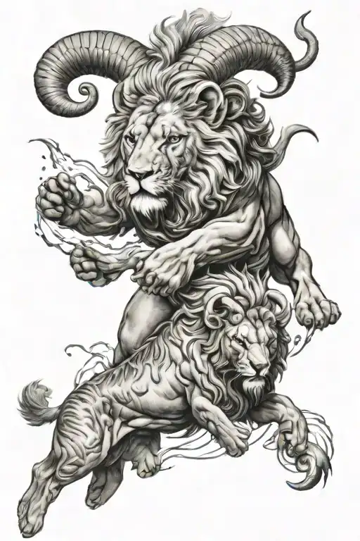 A Fierce Lion Fighting A Fierce Ram Surrounded By Fish