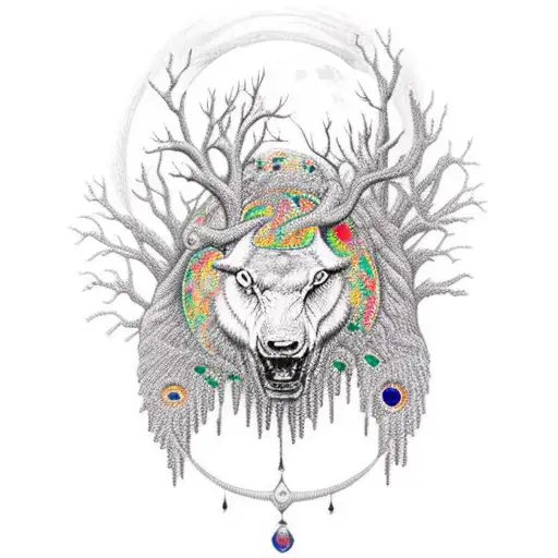 A Steerhead Made Of Gemstones With Trees And A Full Moon In The Background