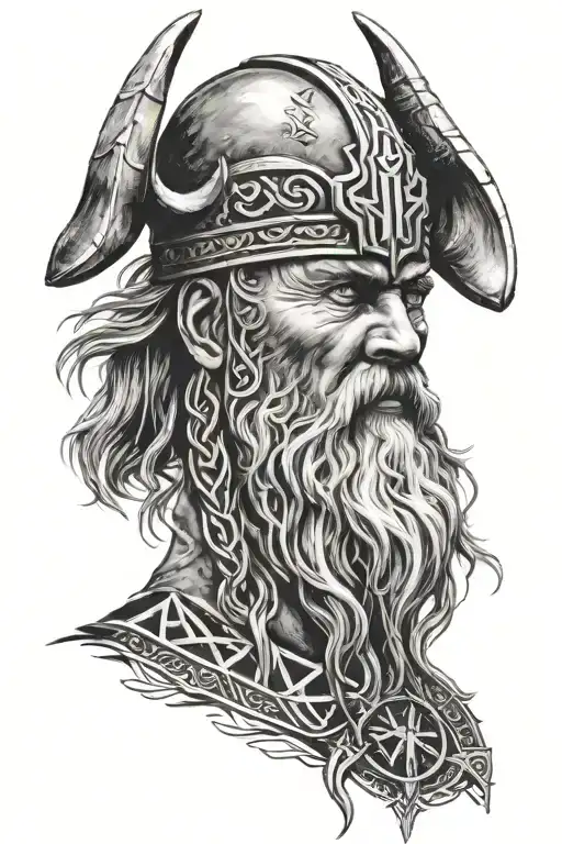 Odin Face With Runes And A Viking Going To Vallhalla Scandinavia Runes