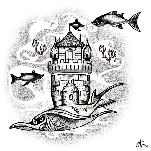 Castle Under The Ocean With Bird Fish And Rose Gardens