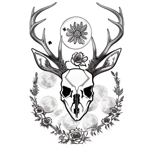 Deer Skull With Antlers And Flowers And Moon