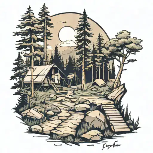 A Serene Forest Scene With A Winding Hiking Trail And A Hidden Campsite