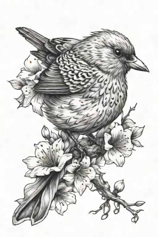 A Realistic Portrait Of A Bird Perched On A Blooming Flower