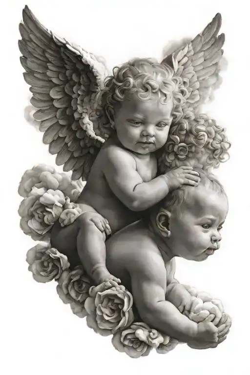 Baby Angels With Clouds In The Background As A Half Sleeve Around Shoulder