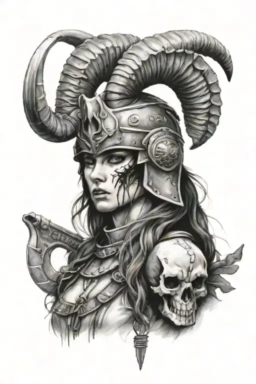 Female Warrior With A Ram Skull Helmet Adorned