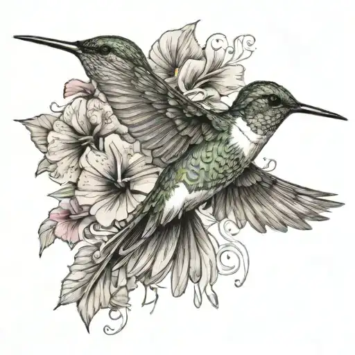 Hummingbird In Flight Near Petunias