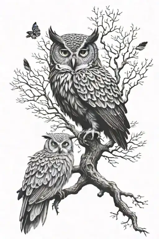 Black Grey Tree Of Life Intertwined With Owl Feathers Which Come Down Underneath