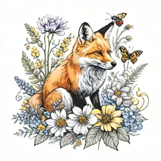A Garden Scene With A Fox And Bumble Bees Among Colorful Flowers