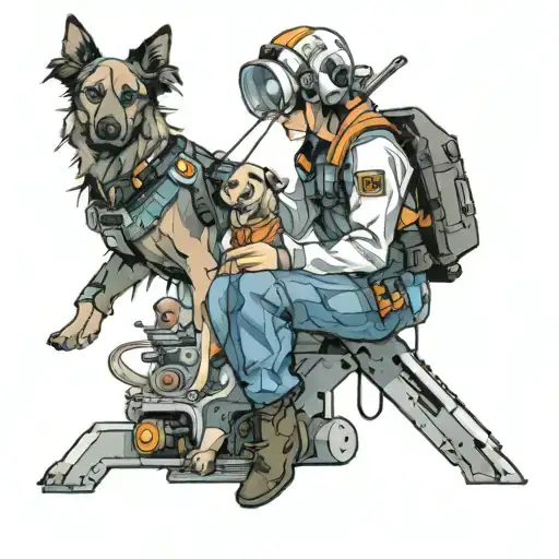 An Anime-inspired Tattoo Of A Maintenance Worker With A Dog Companion In A Futuristic Setting