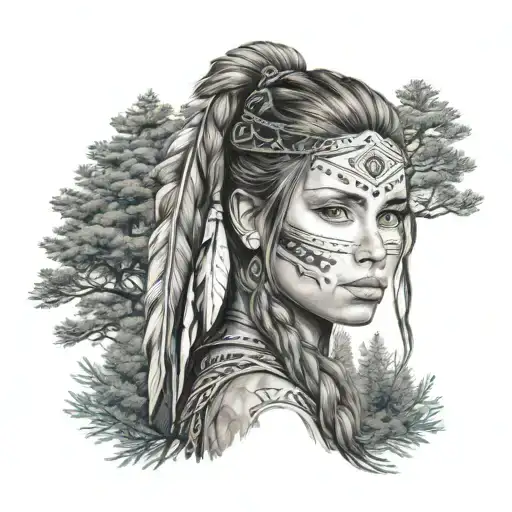 Native Girl Face Blue Eyes Background Pine Trees