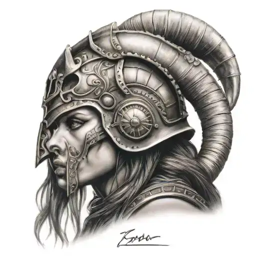 Female Warrior With A Ram Skull Helmet Adorned