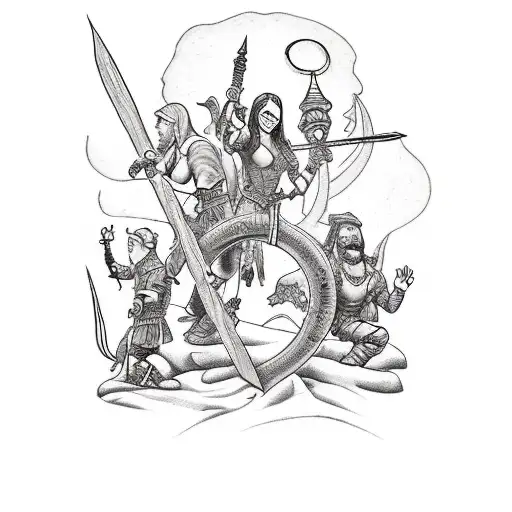 Design A Tattoo Showcasing A Group Of Adventurers On A Quest