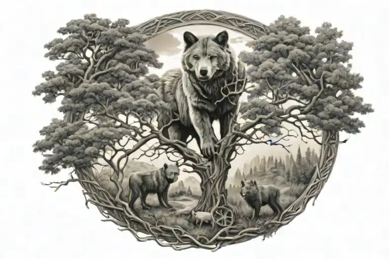Tree Of Life In The Center Bear Lower Right Wolf Lower Left