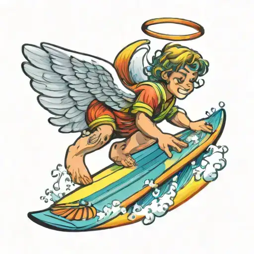 A Cartoon Angel Surfing On A Rainbow Colored